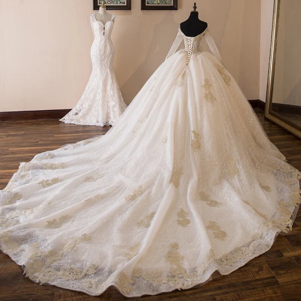 Elegant Champagne Wedding Dresses 2019 Ball Gown Off-The-Shoulder Beading Crystal Rhinestone Pearl Lace Flower Long Sleeve Backless Cathedral Train