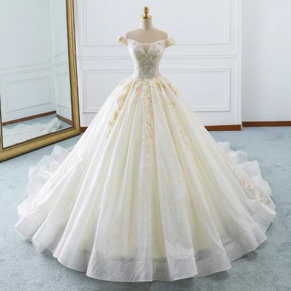 Elegant Champagne Wedding Dresses 2019 A-Line / Princess Off-The-Shoulder Sequins Lace Flower Short Sleeve Backless Cathedral Train