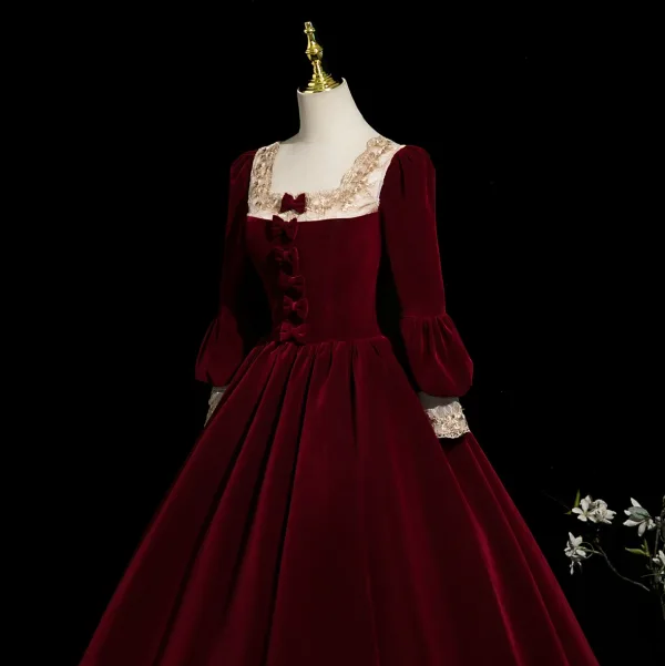 Elegant Burgundy Velvet Bow Prom Dresses 2025 Ball Gown Square Neckline Long Sleeve Backless Floor-Length / Long Formal Dresses