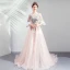 Elegant Blushing Pink Prom Dresses 2019 A-Line / Princess Scoop Neck Embroidered Appliques Pearl Rhinestone 3/4 Sleeve Sweep Train Formal Dresses