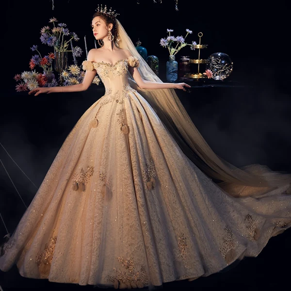Luxury / Gorgeous Champagne Wedding Dresses 2019 A-Line / Princess Off-The-Shoulder Lace Flower Appliques Crystal Pearl Rhinestone Sequins Short Sleeve Backless Cathedral Train