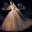 Luxury / Gorgeous Champagne Wedding Dresses 2019 A-Line / Princess Off-The-Shoulder Lace Flower Appliques Crystal Pearl Rhinestone Sequins Short Sleeve Backless Cathedral Train