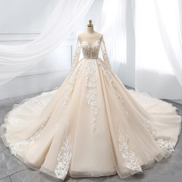Chic / Beautiful Champagne Wedding Dresses 2019 A-Line / Princess Scoop Neck Lace Flower Appliques Beading Pearl Sequins Long Sleeve Backless Cathedral Train