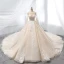 Chic / Beautiful Champagne Wedding Dresses 2019 A-Line / Princess Scoop Neck Lace Flower Appliques Beading Pearl Sequins Long Sleeve Backless Cathedral Train