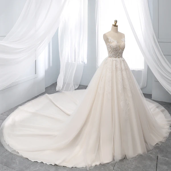 Chic / Beautiful Champagne Wedding Dresses 2019 A-Line / Princess Deep V-Neck Beading Lace Flower Short Sleeve Backless Chapel Train