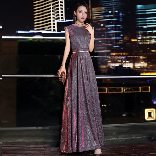 Chic / Beautiful Blushing Pink Evening Dresses 2019 A-Line / Princess Scoop Neck Glitter Polyester Sash Sleeveless Floor-Length / Long Formal Dresses