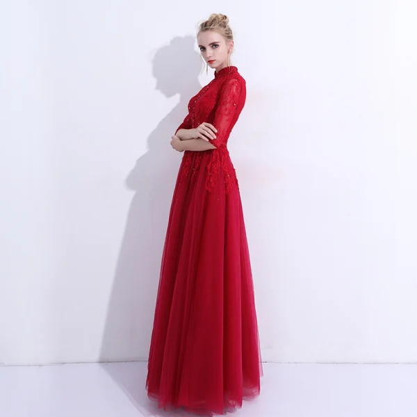 Chinese style Burgundy Evening Dresses 2019 A-Line / Princess High Neck Lace Flower Crystal Sequins Bow 1/2 Sleeves Backless Floor-Length / Long Formal Dresses