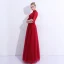 Chinese style Burgundy Evening Dresses  2019 A-Line / Princess High Neck Lace Flower Crystal Sequins Bow 1/2 Sleeves Backless Floor-Length / Long Formal Dresses
