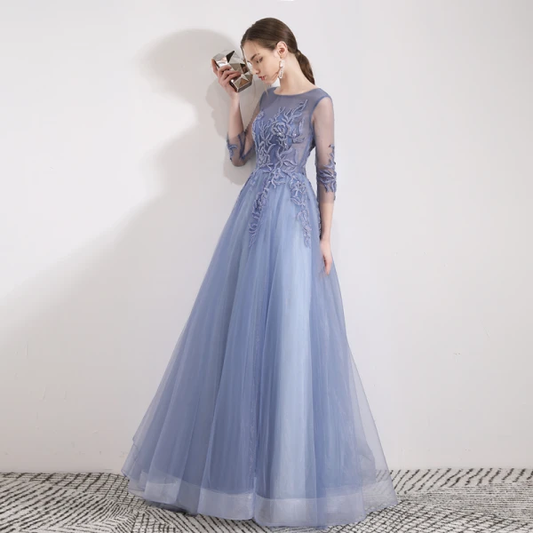 Chic / Beautiful Sky Blue Evening Dresses  2019 A-Line / Princess Scoop Neck Beading Sequins Lace Flower 3/4 Sleeve Floor-Length / Long Formal Dresses