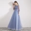 Chic / Beautiful Sky Blue Evening Dresses  2019 A-Line / Princess Scoop Neck Beading Sequins Lace Flower 3/4 Sleeve Floor-Length / Long Formal Dresses