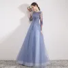 Chic / Belle Bleu Ciel Robe De Soirée 2019 Princesse Encolure Dégagée Perlage Paillettes En Dentelle Fleur 3/4 Manches Longue Robe De Ceremonie