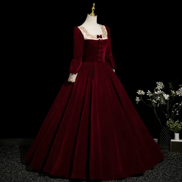 Elegant Burgundy Velvet Bow Prom Dresses 2025 Ball Gown Square Neckline Long Sleeve Backless Floor-Length / Long Formal Dresses