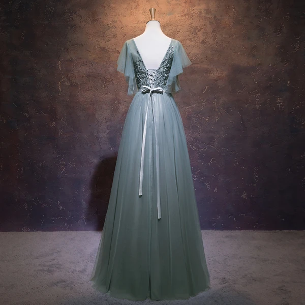 Elegant Sage Green Evening Dresses 2019 A-Line / Princess V-Neck Beading Sequins Lace Flower Bow Short Sleeve Backless Floor-Length / Long Formal Dresses