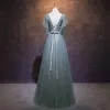 Élégant Vert Cendré Robe De Soirée 2019 Princesse V-Cou Perlage Paillettes En Dentelle Fleur Noeud Manches Courtes Dos Nu Longue Robe De Ceremonie