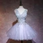 Elegant Grey Party Dresses 2019 A-Line / Princess V-Neck Appliques Lace Flower Sleeveless Backless Short Formal Dresses