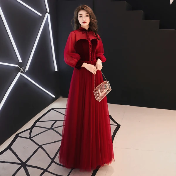 Élégant Bordeaux Robe De Soirée 2019 Princesse Col Haut Daim Noeud Manches Longues Dos Nu Longue Robe De Ceremonie