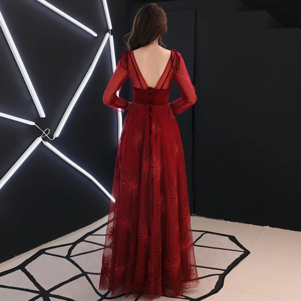 Elegant Burgundy Evening Dresses 2019 A-Line / Princess Scoop Neck Suede Bow Sequins Long Sleeve Backless Floor-Length / Long Formal Dresses