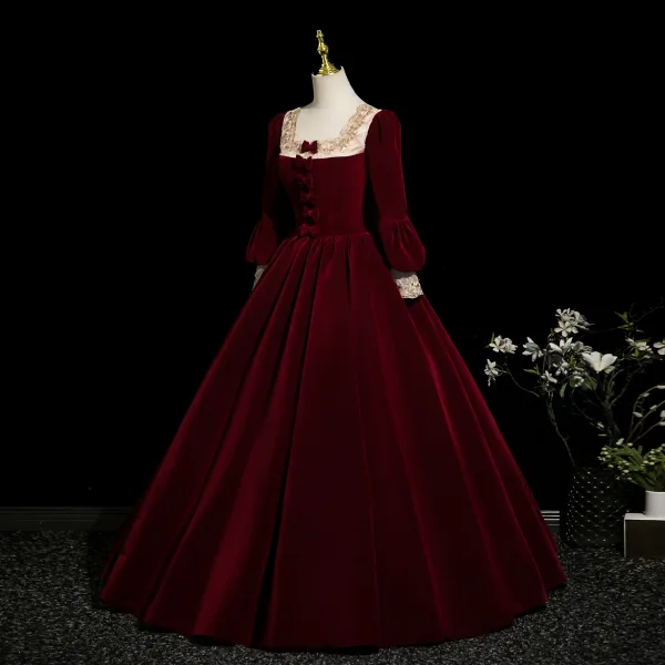 Elegant Burgundy Velvet Bow Prom Dresses 2025 Ball Gown Square Neckline Long Sleeve Backless Floor-Length / Long Formal Dresses