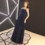 Chic / Beautiful Navy Blue Mother Of The Bride Dresses With Shawl 2019 A-Line / Princess Strapless Crystal Lace Flower Tassel Sleeveless Backless Floor-Length / Long