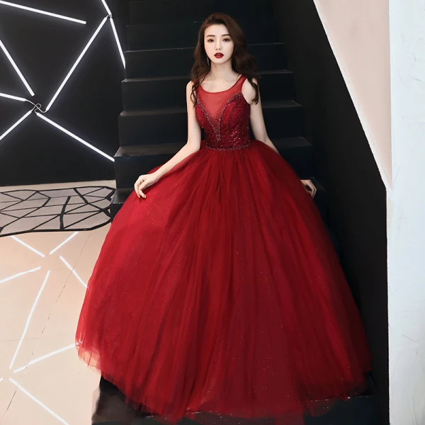Chic / Beautiful Burgundy Prom Dresses 2019 A-Line / Princess Scoop Neck Beading Crystal Sequins Sleeveless Backless Floor-Length / Long Formal Dresses