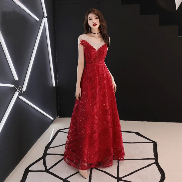 Chic / Beautiful Navy Blue Evening Dresses  2019 A-Line / Princess Scoop Neck Beading Sequins Lace Flower Sash Short Sleeve Backless Floor-Length / Long Formal Dresses