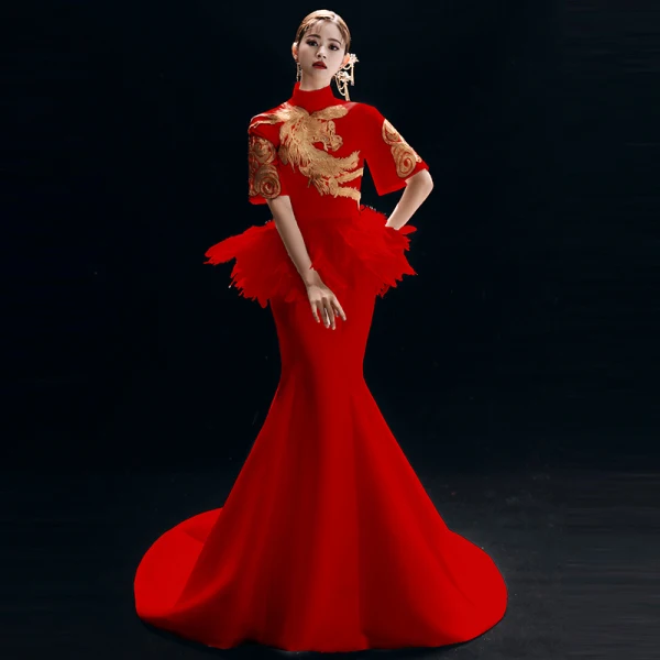 Chinese style Vintage / Retro Ivory Evening Dresses 2019 Trumpet / Mermaid High Neck Embroidered 1/2 Sleeves Backless Court Train Formal Dresses