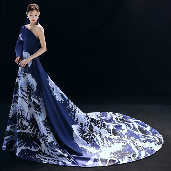 Vintage / Retro Chinese style Navy Blue Evening Dresses  2019 A-Line / Princess One-Shoulder Printing Long Sleeve Chapel Train Formal Dresses