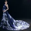 Vintage / Retro Chinese style Navy Blue Evening Dresses  2019 A-Line / Princess One-Shoulder Printing Long Sleeve Chapel Train Formal Dresses