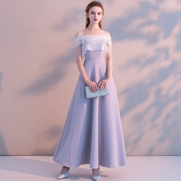 Elegante Lavendel Abendkleider 2019 A Linie Off Shoulder Spitze Kurze Ärmel Rückenfreies Lange Festliche Kleider
