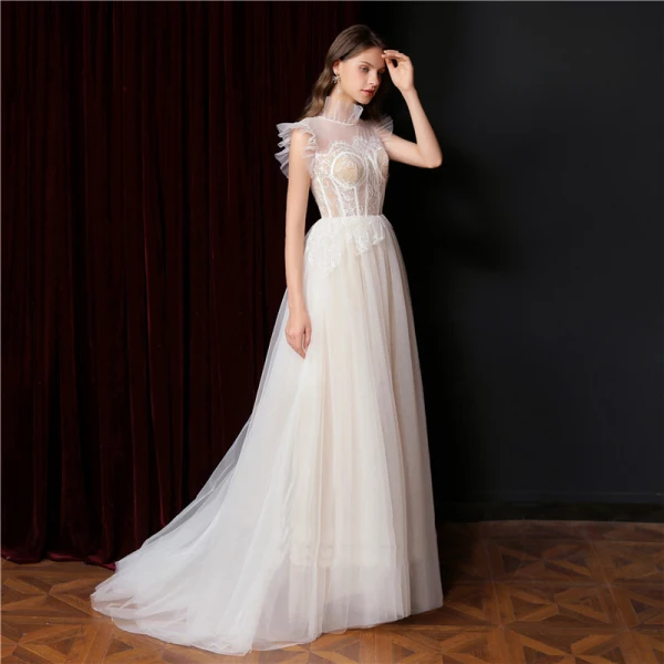 Vintage / Retro Champagne Lace Flower Prom Dresses Wedding Dresses 2021 A-Line / Princess High Neck Sleeveless Sweep Train Formal Dresses