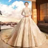 Luxury / Gorgeous Champagne Wedding Dresses 2019 A-Line / Princess Scoop Neck Beading Pearl Sequins Lace Flower 3/4 Sleeve Backless Royal Train