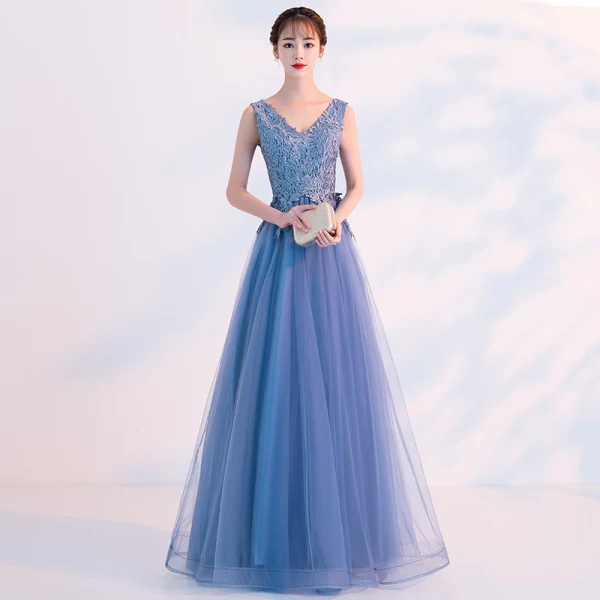 Affordable Pool Blue Evening Dresses 2019 A-Line / Princess V-Neck Lace Flower Sleeveless Backless Floor-Length / Long Formal Dresses