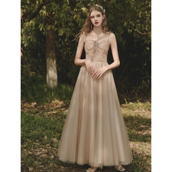 Chic Belle Champagne Robe De Bal 2021 Princesse Bretelles Spaghetti En Dentelle Fleur Sans Manches Dos Nu Longue Robe De Ceremonie