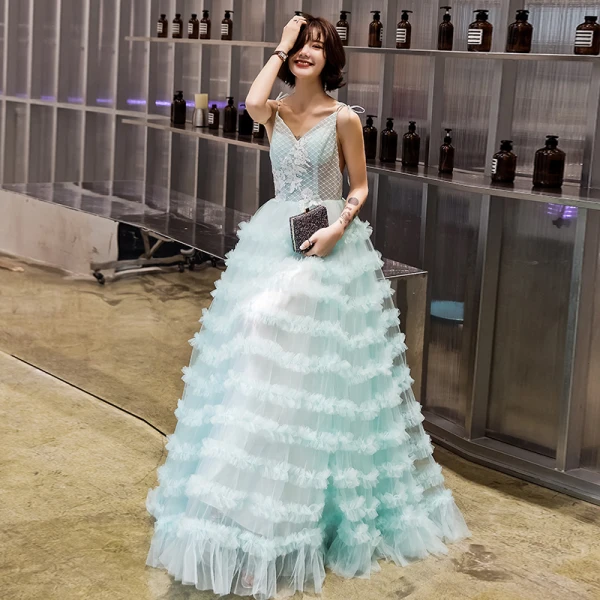 Modern / Fashion Jade Green Evening Dresses  2019 A-Line / Princess Bow Spaghetti Straps Ruffle Flower Sleeveless Backless Floor-Length / Long Formal Dresses
