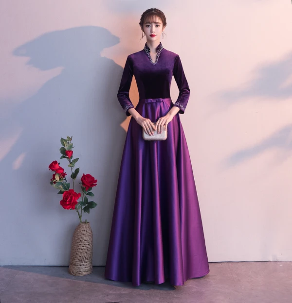 Vintage / Retro Grape Evening Dresses 2019 A-Line / Princess V-Neck Bow 3/4 Sleeve Floor-Length / Long Formal Dresses