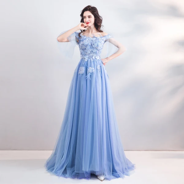 Chic / Beautiful Sky Blue Evening Dresses 2019 A-Line / Princess Off-The-Shoulder Lace Flower Pearl Rhinestone Short Sleeve Backless Floor-Length / Long Formal Dresses