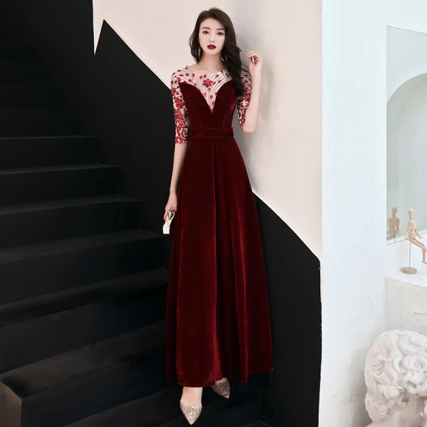 Elegant Black Evening Dresses 2019 A-Line / Princess Scoop Neck Sequins Suede 1/2 Sleeves Floor-Length / Long Formal Dresses