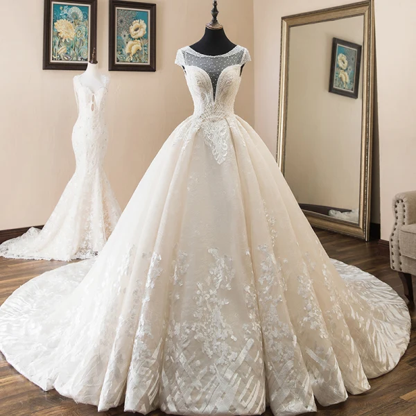 Luxury / Gorgeous Champagne Wedding Dresses 2019 A-Line / Princess Scoop Neck Beading Pearl Sequins Lace Flower Cap Sleeves Backless Cathedral Train