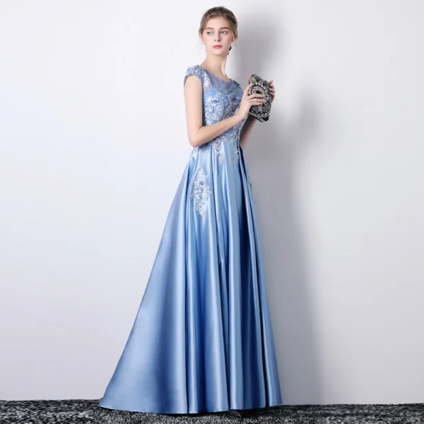 Chic / Belle Bleu Robe De Soirée 2019 Princesse Encolure Dégagée Appliques En Dentelle Fleur Faux Diamant Sans Manches Dos Nu Longue Robe De Ceremonie