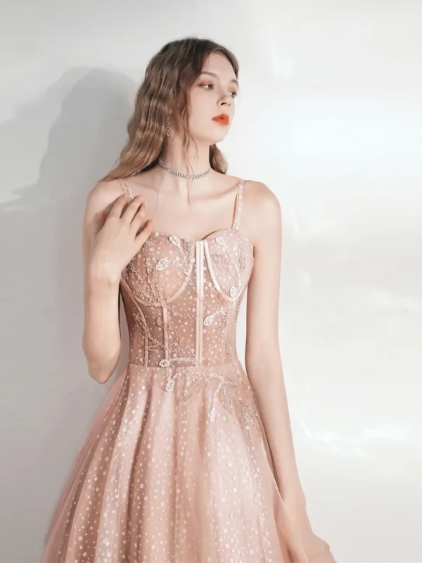 Chic / Beautiful Champagne Prom Dresses 2021 A-Line / Princess Spaghetti Straps Beading Lace Flower Sleeveless Backless Floor-Length / Long Formal Dresses