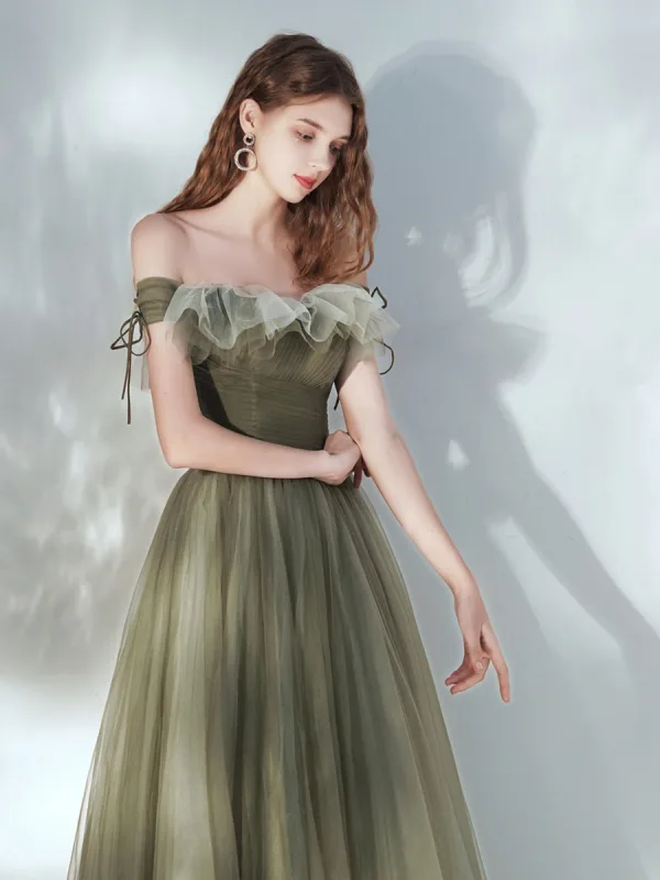 Fashion Clover Green Prom Dresses 2021 A-Line / Princess Off-The-Shoulder Short Sleeve Backless Floor-Length / Long Prom Formal Dresses