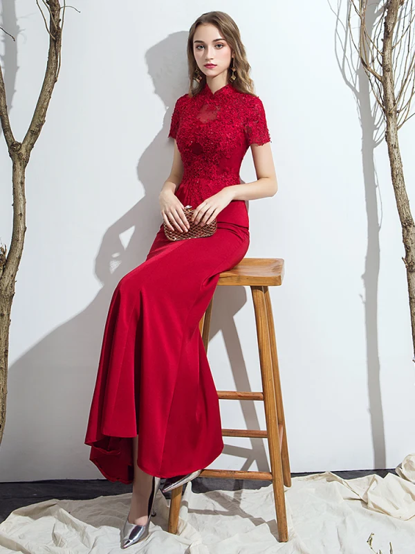 Chic / Beautiful Burgundy Evening Dresses  2019 Trumpet / Mermaid High Neck Backless Crystal Rhinestone Lace Flower Short Sleeve Floor-Length / Long Formal Dresses