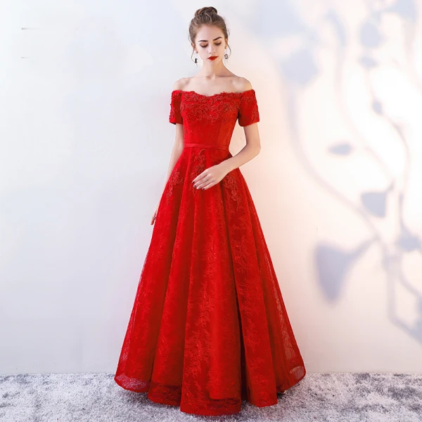 Chic / Beautiful Burgundy Evening Dresses 2019 A-Line / Princess Off-The-Shoulder Beading Crystal Lace Flower Short Sleeve Backless Floor-Length / Long Formal Dresses