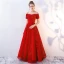 Chic / Beautiful Burgundy Evening Dresses  2019 A-Line / Princess Off-The-Shoulder Beading Crystal Lace Flower Short Sleeve Backless Floor-Length / Long Formal Dresses