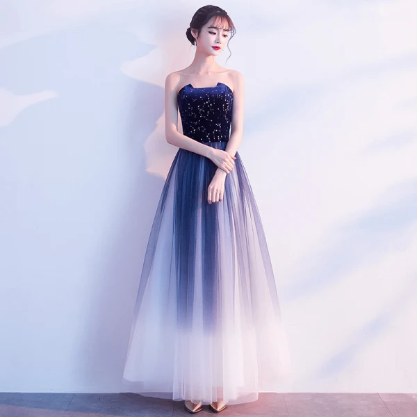 Charming Navy Blue Prom Dresses A-Line / Princess 2019 Strapless Suede Star Sleeveless Backless Floor-Length / Long Formal Dresses