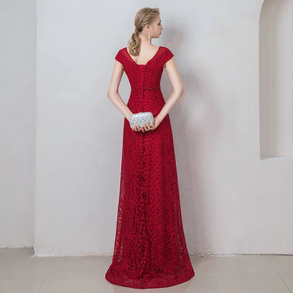 Chic / Beautiful Burgundy Evening Dresses 2019 A-Line / Princess Scoop Neck Crystal Lace Flower Short Sleeve Backless Floor-Length / Long Formal Dresses