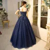 Classic Navy Blue Quinceañera Prom Dresses 2018 Ball Gown Lace Appliques Beading Sequins Scoop Neck Backless Sleeveless Floor-Length / Long Formal Dresses