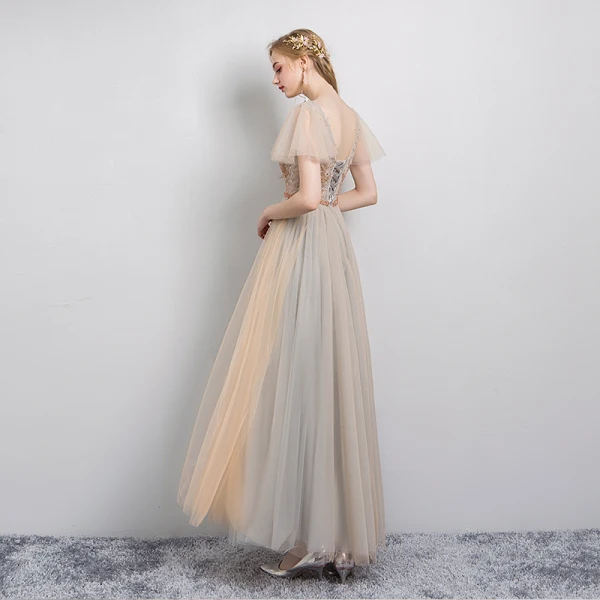 Élégant Champagne Robe De Soirée 2019 Princesse V-Cou Perlage Cristal Paillettes Manches Courtes Dos Nu Longue Robe De Ceremonie