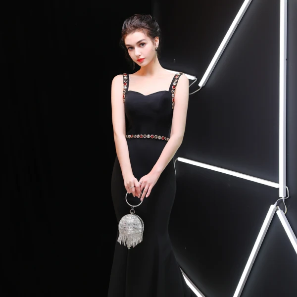 Chic / Beautiful Black Evening Dresses  2019 Trumpet / Mermaid Square Neckline Rhinestone Crystal Sleeveless Backless Floor-Length / Long Formal Dresses