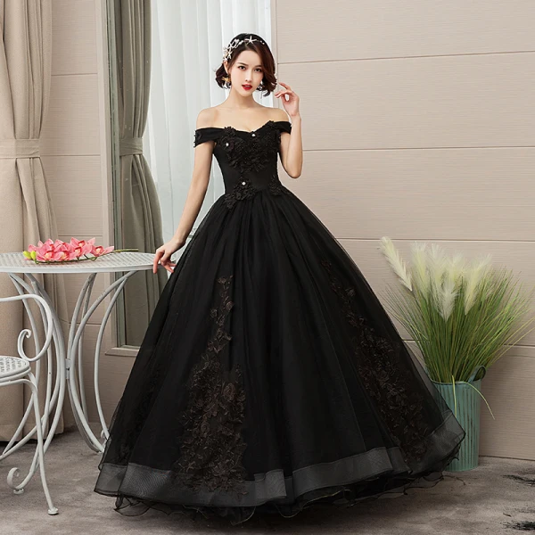 Elegant Black Quinceañera Prom Dresses 2019 A-Line / Princess Off-The-Shoulder Pearl Lace Flower Short Sleeve Backless Floor-Length / Long Formal Dresses
